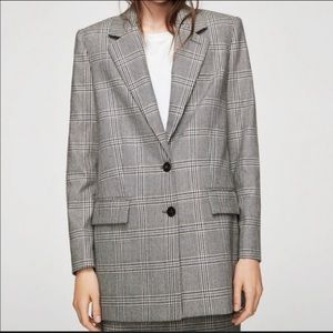 Mango Prince of Wales Wool Oversized Gray Blazer